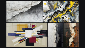 Mozaïek van vijf schilderijen, waaronder Wandtextuur Gescheurd Wit en Grijs en Geometrische Compositie Creatieve Spanning