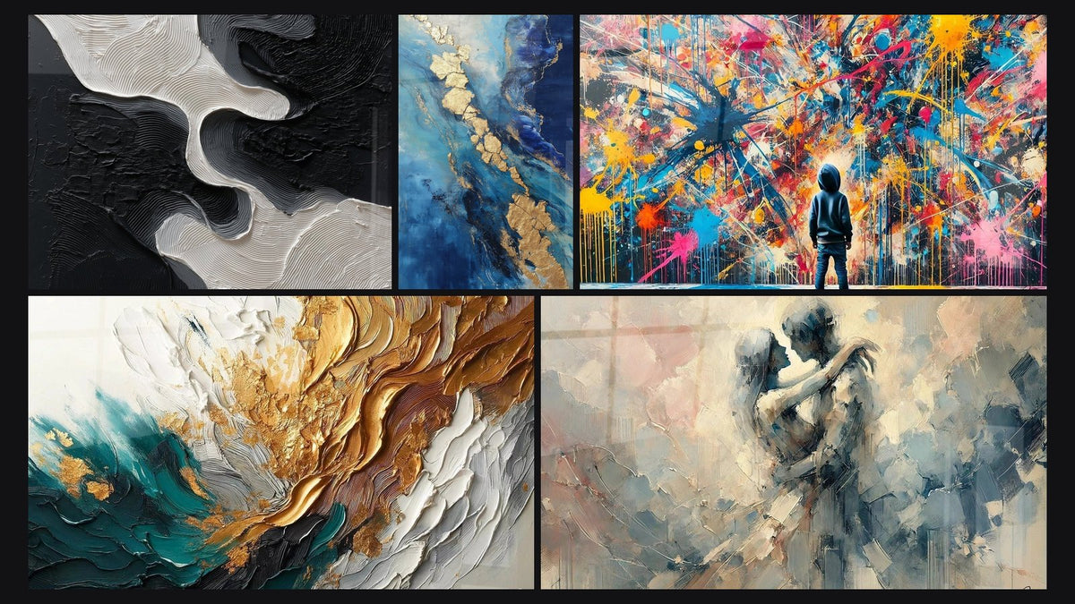 Mosaico de cinco cuadros, entre ellos Trazos en Oro y Jade, Abstracto Azul y Oro con Texturas Fluidas y Explosiones