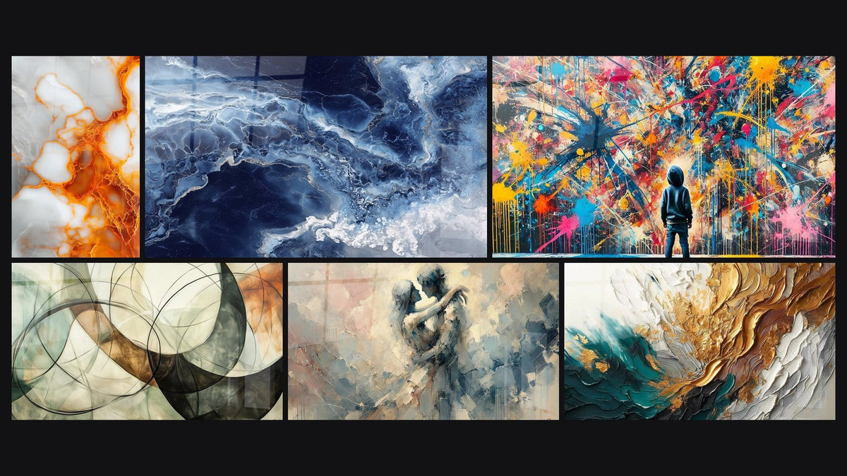 Mosaico di sei quadri, tra cui Sfumature Blu e Venature Dorate Fluide, I Legami Invisibili e Schizzi di Pittura