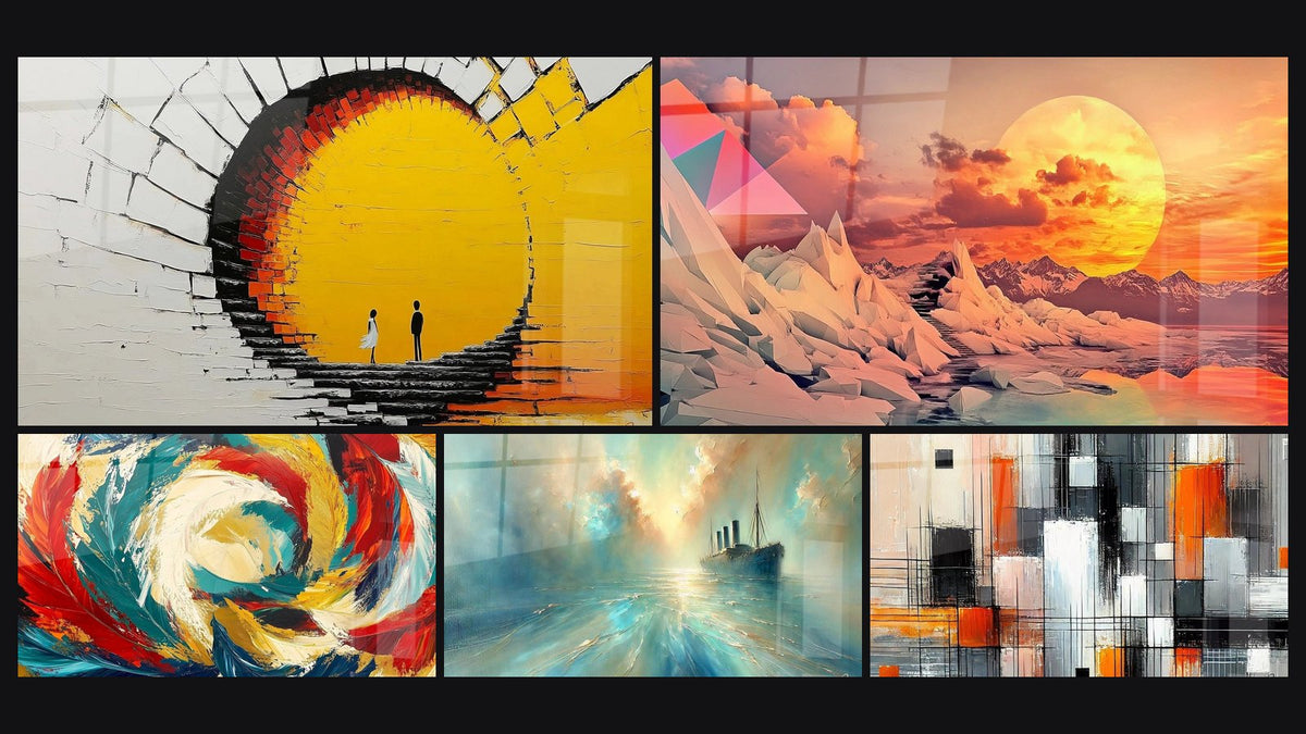 Mosaic of five paintings, including Luminous Tunnel Couple, Crystalline futuristic landscape and Cosmic Metamorphosis