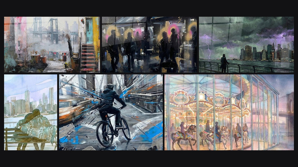 Mosaico de seis cuadros, entre ellos Vista urbana Puente de Brooklyn y Siluetas Urbanas con Halos Coloridos