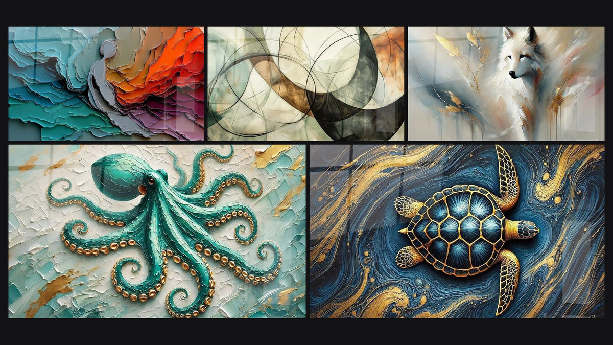 Mosaico di cinque quadri, tra cui Di strati geologici colorati, I Legami Invisibili e Smeraldo degli Abissi