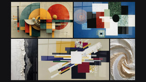 Mozaïek van vijf schilderijen, waaronder Geometrische Compositie Rationele Orde en Gespikkelde Textuur Wit en Zwart