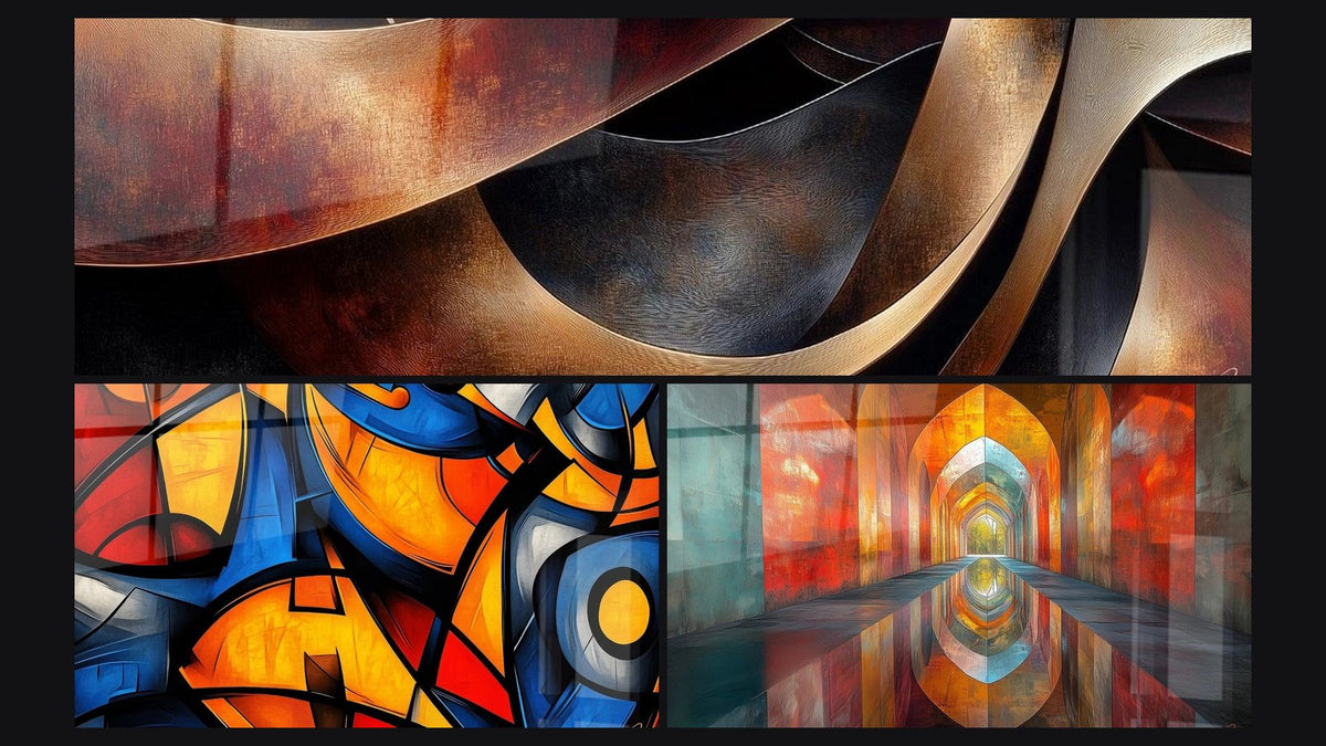 Mosaic of three paintings: Sinuosities Meditation Ochre, Colored geometric shapes and Arched Iridescent Vermillion