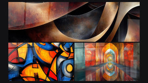 Mosaïque de trois tableaux : Sinuosités Méditation Ocre, Formes géométriques colorées et Voûtes Chatoyantes Vermillon