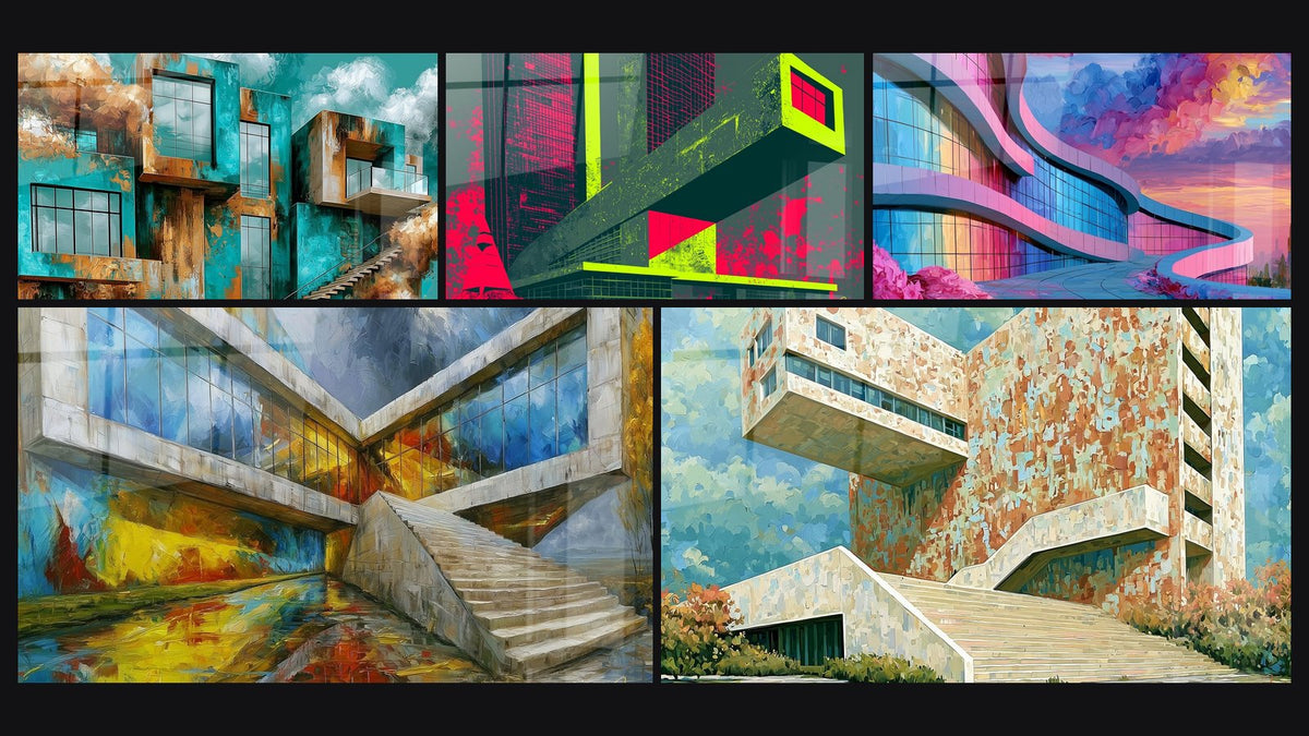Mosaico di cinque quadri, tra cui Edificio sinuoso blu e rosa