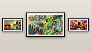 Mur de galerie avec trois tableaux encadrés : Japonais N°10, Japonais Zen N°1 et Paysage Japonais N°1