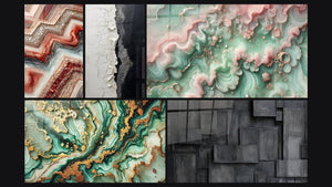 Mozaïek van vijf schilderijen, waaronder Geometrisch Fusie, Mystieke Marmeringen en Gespikkelde Textuur Wit en Zwart
