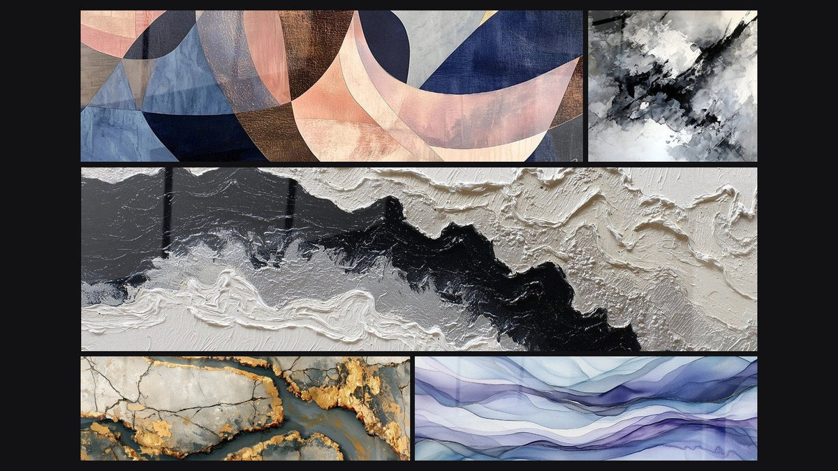 Mosaic of five paintings, including Golden Veined Marble and Dreamy Scrolls Periwinkle