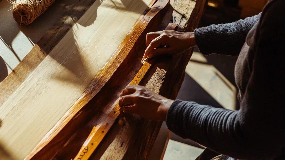 Photographie d'un artisan travaillant minutieusement sur l'artisanat du cadre en bois massif dans son atelier, entouré d'outils traditionnels et de pièces en cours de réalisation.