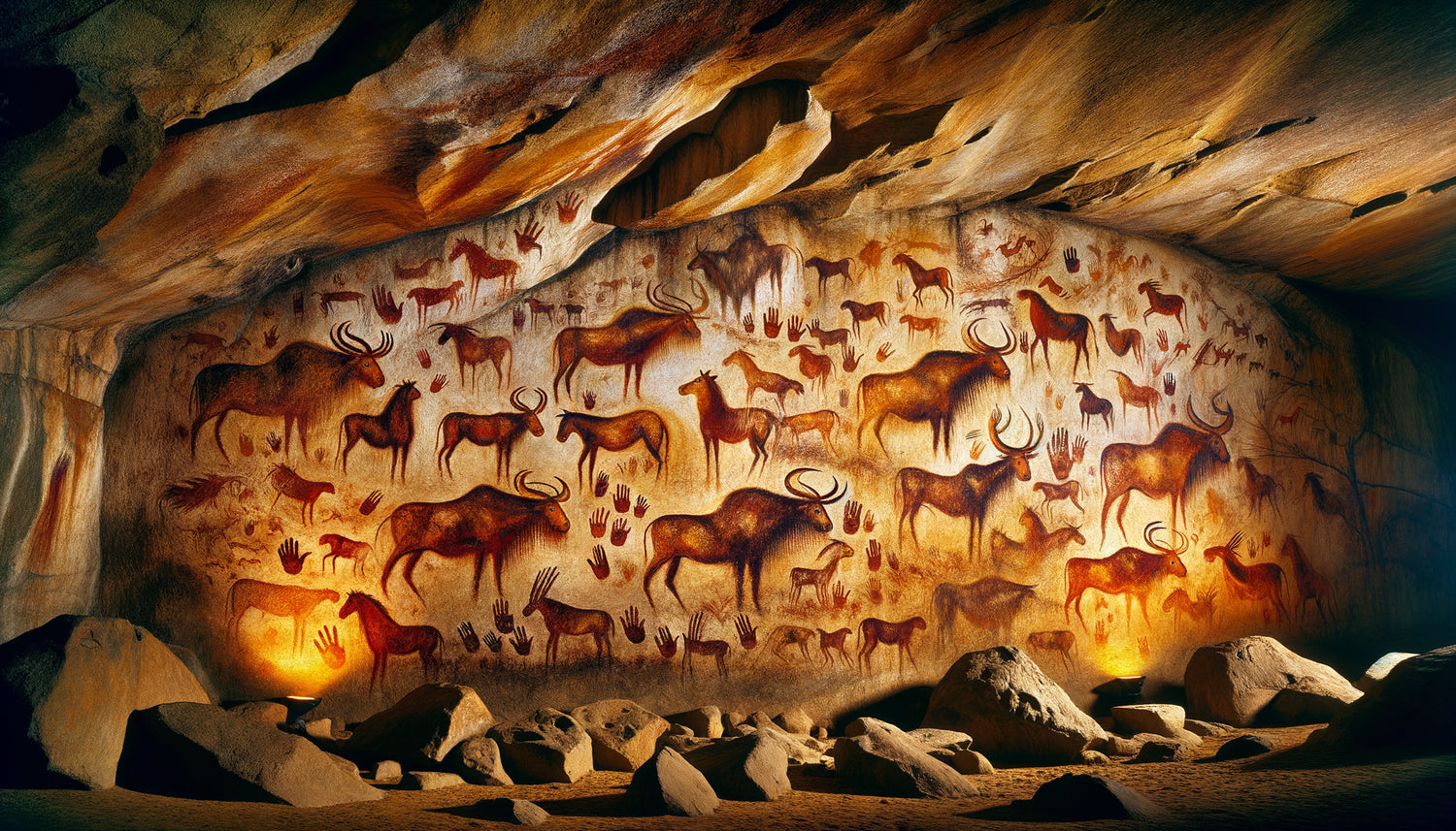 Peinture rupestre de Lascaux montrant troupeau d'aurochs superposés créant illusion de profondeur, style paléolithique authentique