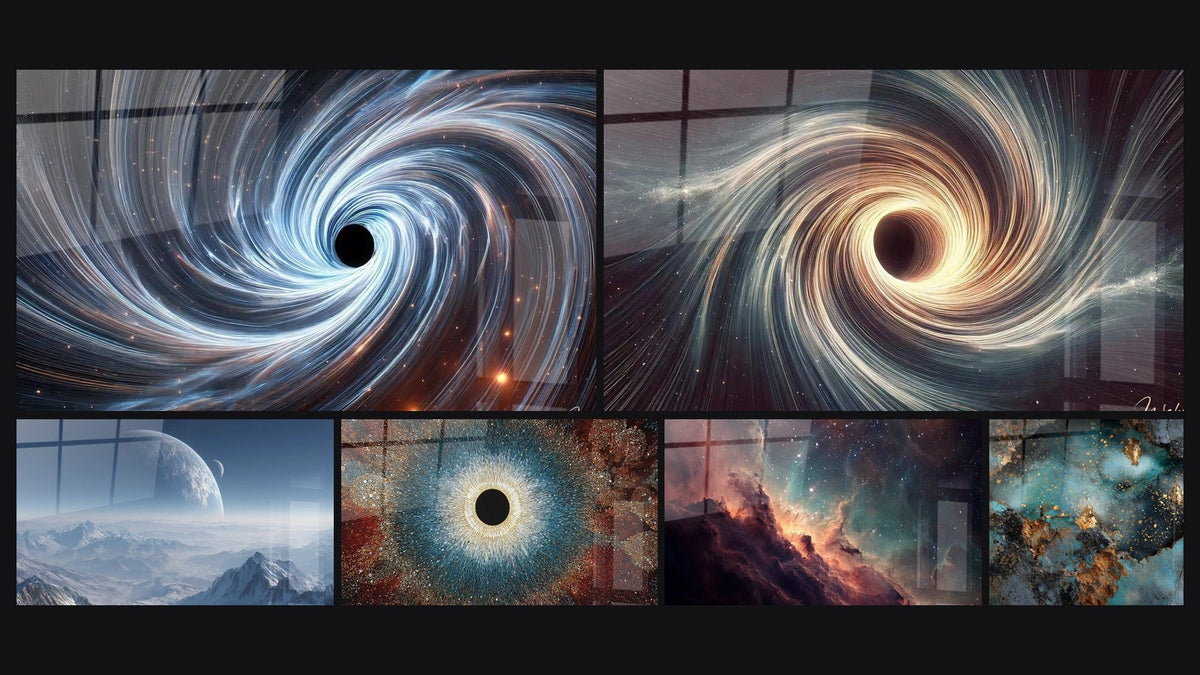 Mosaico di sei quadri, tra cui Spazio N°8, Vortice Stellare e Pianeta extraterrestre