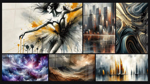 Mosaïque de six tableaux, dont Poésie en Tulle, Essence de Lumière Céleste et Écho des Vents