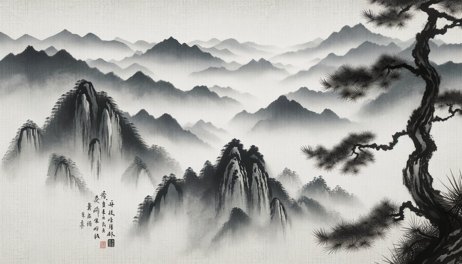 Peinture traditionnelle chinoise au lavis d'encre monochrome sur papier de riz, paysage montagneux zen en nuances de gris