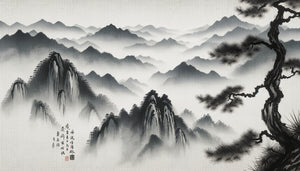 Peinture traditionnelle chinoise au lavis d'encre monochrome sur papier de riz, paysage montagneux zen en nuances de gris