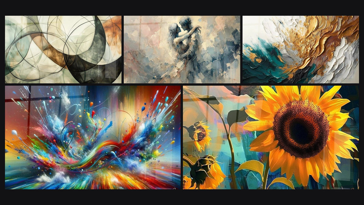Mosaic of five paintings, including The Invisible Bonds, Between Us and Trace Artwork in Gold and Jade