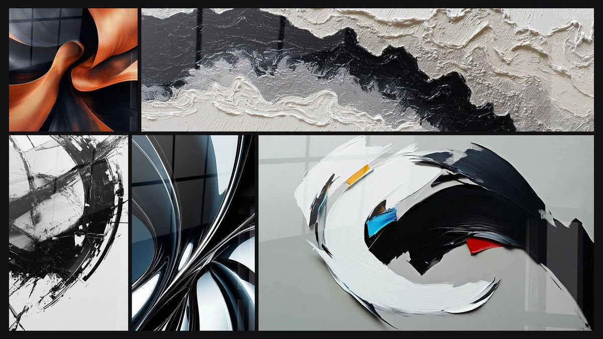 Mosaic of five paintings, including Sculptural Momentum Copper, The Break in Time and Metallic chrome spiral