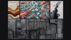 Mosaico de cinco cuadros, entre ellos Ondas Fluidas Tierra y Cobre, Redes de Resplandor y Grieta Glaciar Gris y Negro