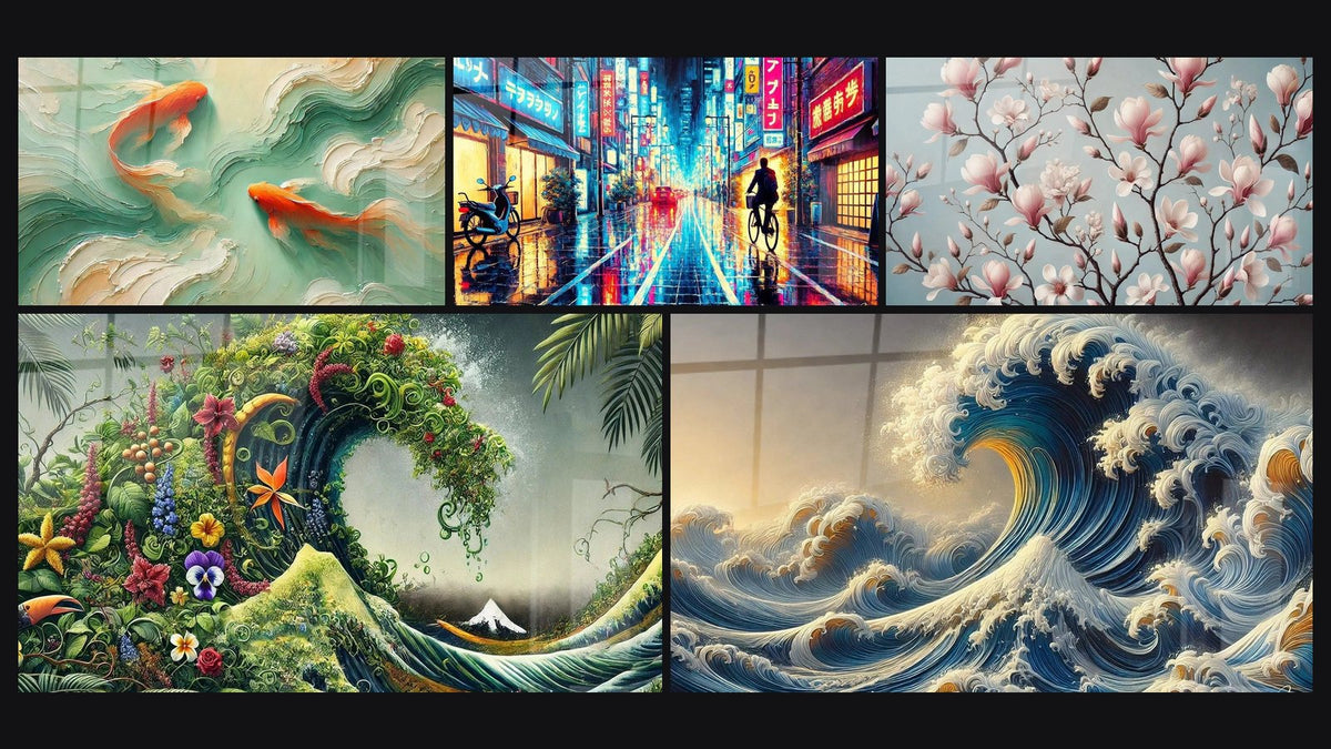 Mosaico di cinque quadri, tra cui Koi in Simbiosi, Giapponese N°4 e Onda Giapponese N°1