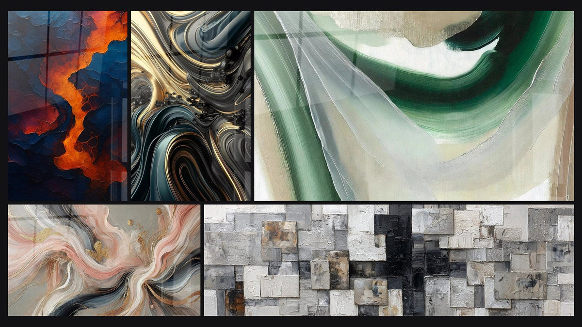 Mosaico di cinque quadri, tra cui Sangue della Terra, Ondulazioni Opulente e Flussi di Seta