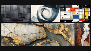 Mozaïek van vijf schilderijen, waaronder Abstract geometrisch grijs kolen zwart en Vortex Azuur