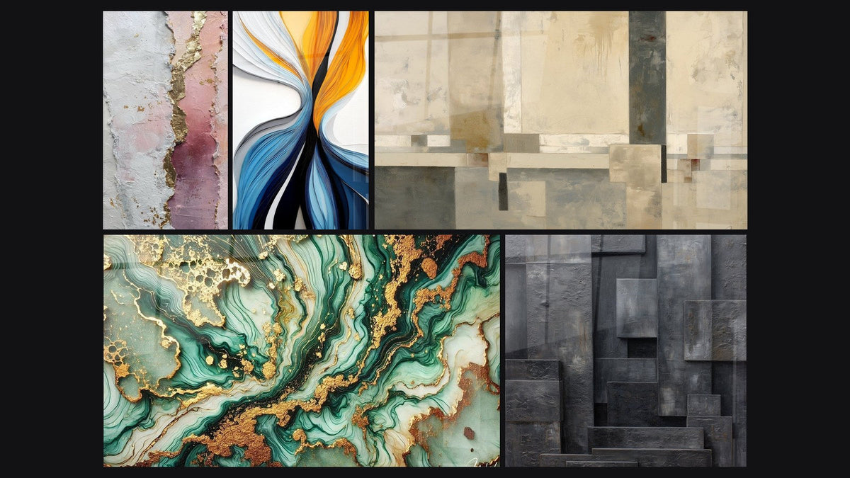 Mosaïque de cinq tableaux, dont Abstrait rose blanc or avec texture dorée, Flux dynamiques colorés et Marbrures Mystiques
