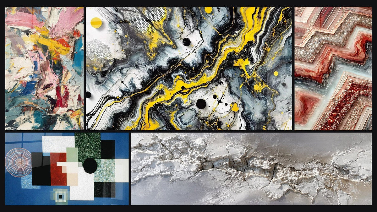 Mosaik aus fünf Gemälden, darunter Geometrische Komposition Rationale Ordnung und Impact Schwarz