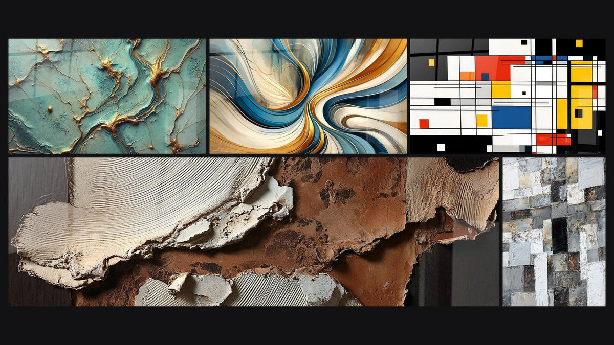 Mozaïek van vijf schilderijen, waaronder Gouden Rivieren, Elegante Spiralen en Geometrisch gekleurde compositie