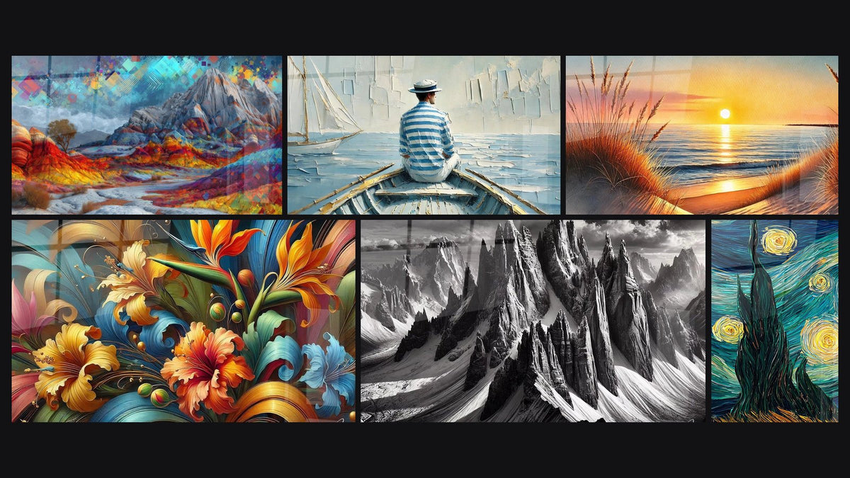 Mosaico di sei quadri, tra cui Paesaggio montano astratto, L'Arte dell'Acqua e Rapsodia Botanica