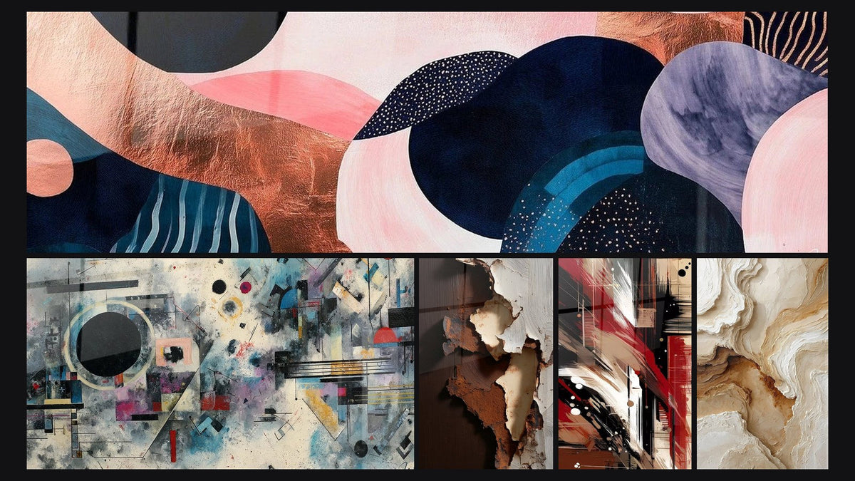 Mosaic of five paintings, including Undulating Symbiosis Coral and Abstract Geometric Composition