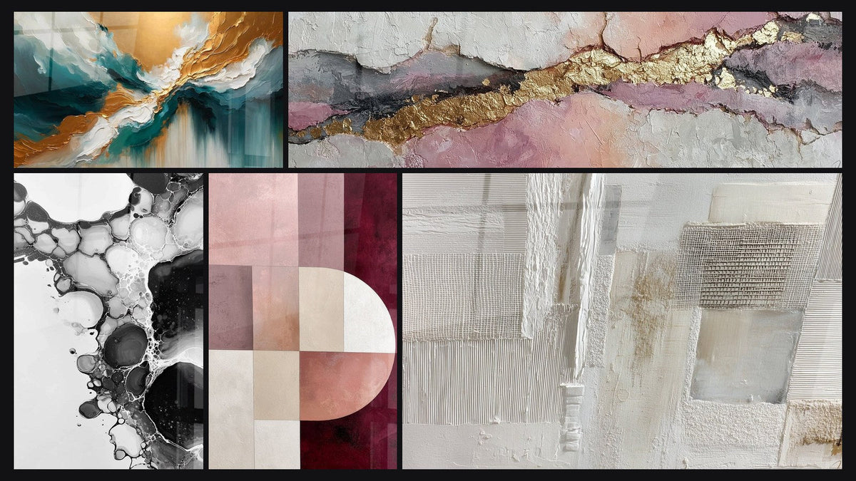 Mosaic of five paintings, including Abyss Light Abstract and Bubble Abstract
