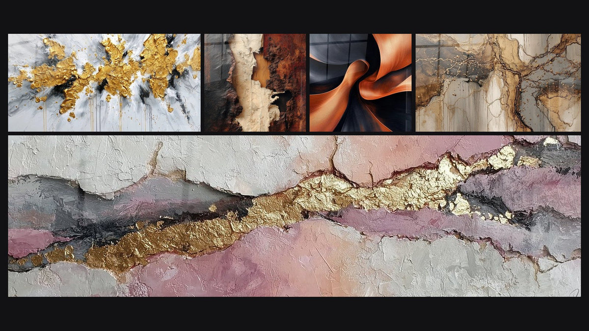 Mosaïque de cinq tableaux, dont Explosion dorée sur fond blanc et gris et Élan Sculptural Cuivré