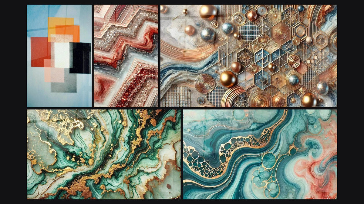Mosaico di cinque quadri, tra cui Forme Geometriche Contrasto Funzionale, Venature Mistiche e Fusione Geometrica
