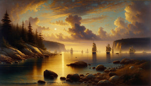 Peinture luministe américaine années 1860, paysage côtier baigné de lumière transcendantale dorée, reflets cristallins sur eau calme