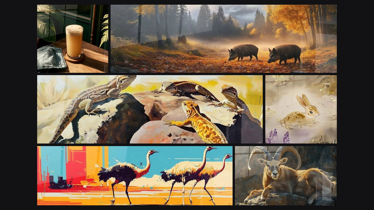 Mosaic of six paintings, including Gilded Glass Artwork on Wooden Table and Lizards Masters of the Rock