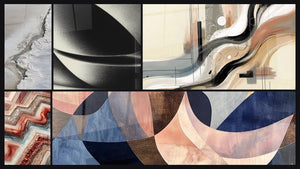 Mozaïek van vijf schilderijen, waaronder Abstracte bol, Geometrisch Fusie en Gracieuze Bogen Terracotta