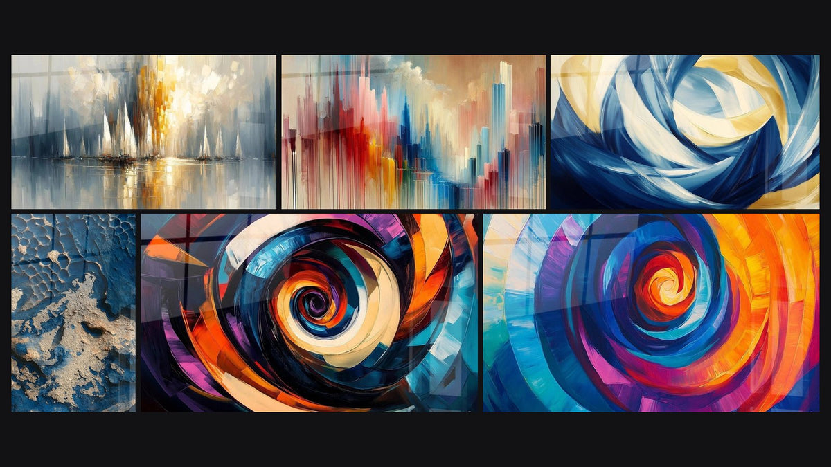Mosaïque de six tableaux, dont Aurore sur la Baie, Souffle de Couleurs et Vertigo