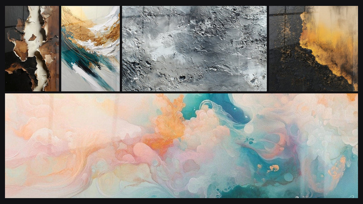 Mosaïque de cinq tableaux, dont Crête d'Or et d'Écume, Cumulus Flottants Rose et Abstrait gris argenté texturé