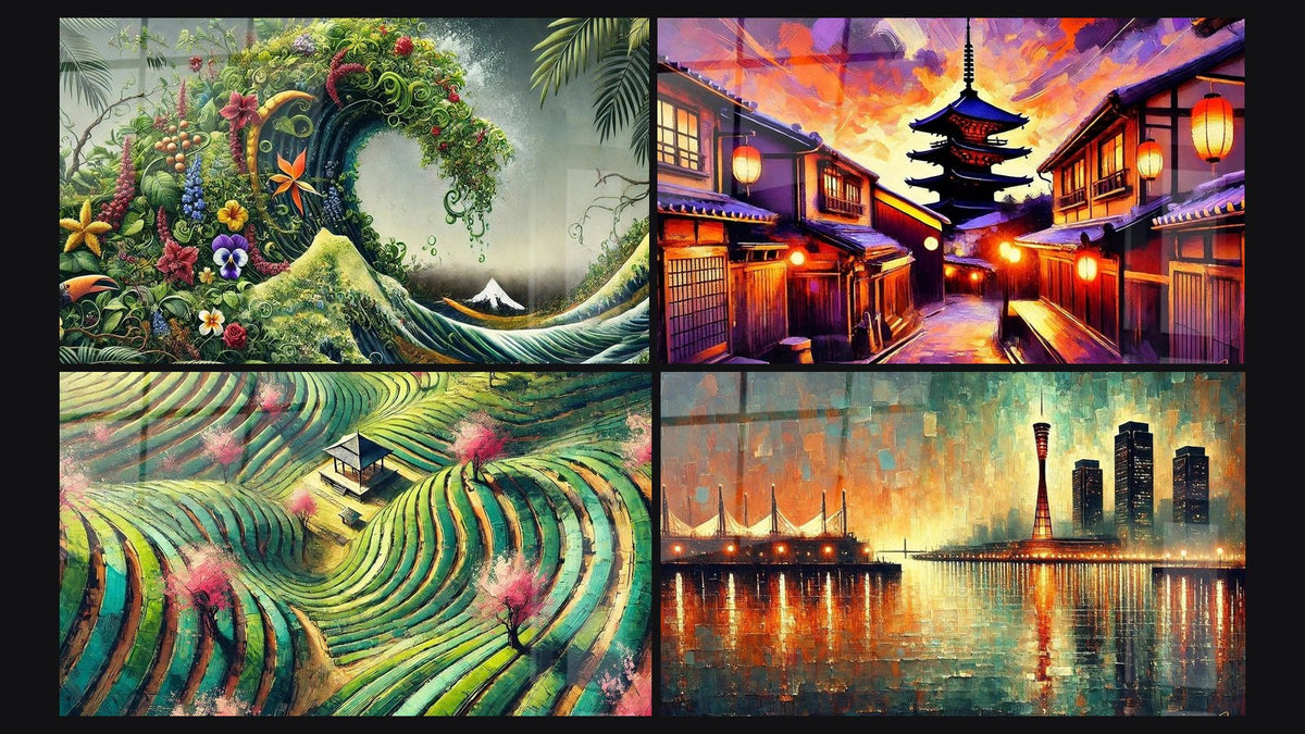 Mosaïque de quatre tableaux, dont Vague Japonaise N°1, Paysage Japonais N°1 et Japonais Zen N°1