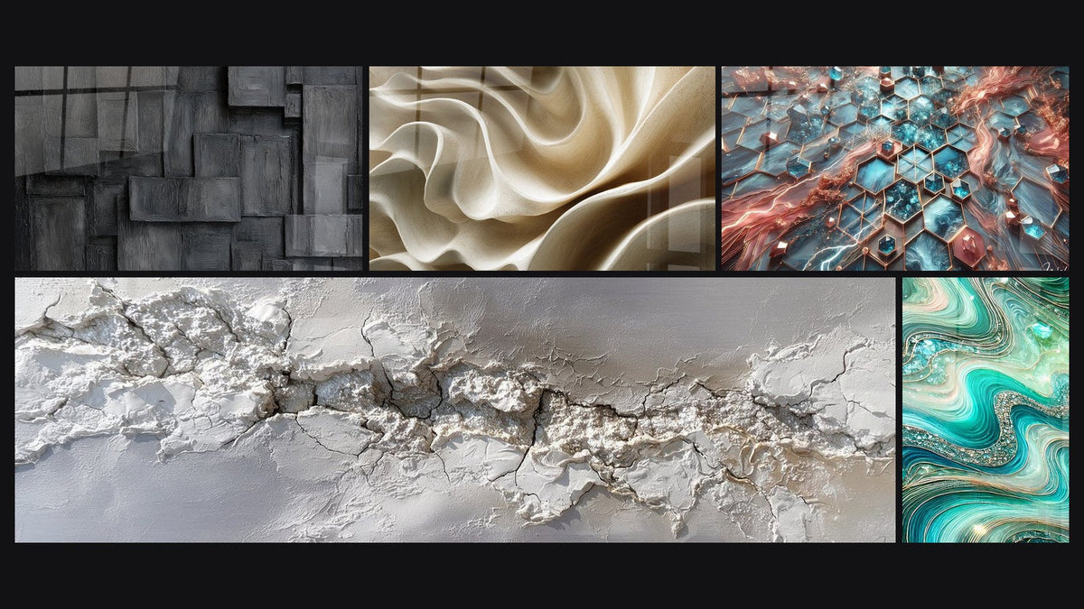 Mosaïque de cinq tableaux, dont Réseaux d'Éclat et Vagues Cristallines