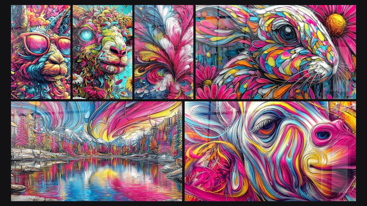 Mosaik aus sechs Gemälden, darunter Bergseelandschaft