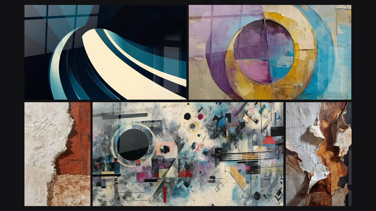 Mozaïek van vijf schilderijen, waaronder Gekleurde concentrische cirkels en Abstract geometrische compositie