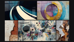 Mozaïek van vijf schilderijen, waaronder Gekleurde concentrische cirkels en Abstract geometrische compositie