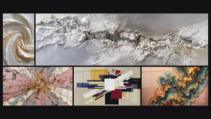 Mosaico de cinco cuadros, entre ellos Explosión Rosa y Oro con Centro Radiante y Composición Geométrica Tensión Creativa