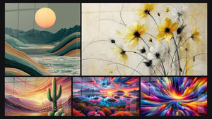 Mosaïque de cinq tableaux, dont Vagues sculptées et soleil pastel, Fleurs de Soleil et Crépuscule du Désert