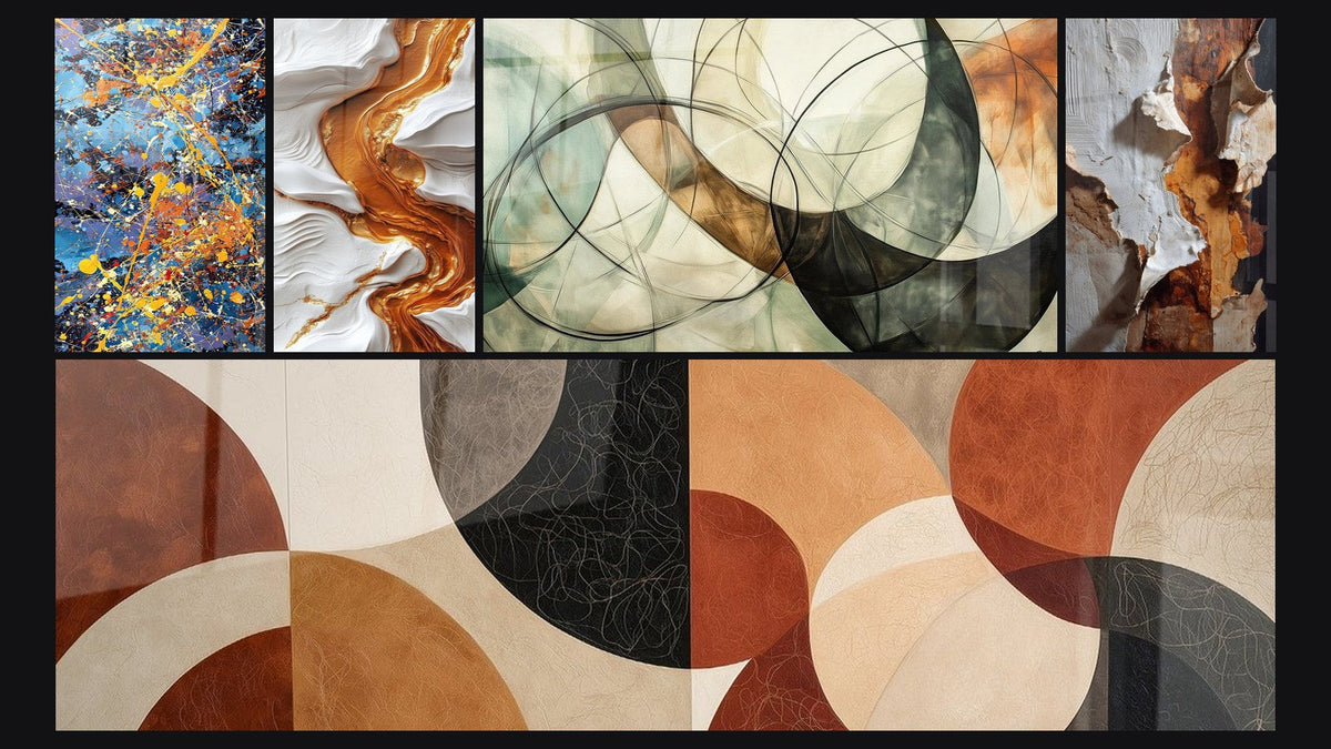 Mosaic of five paintings, including Colorful explosion and The Invisible Bonds