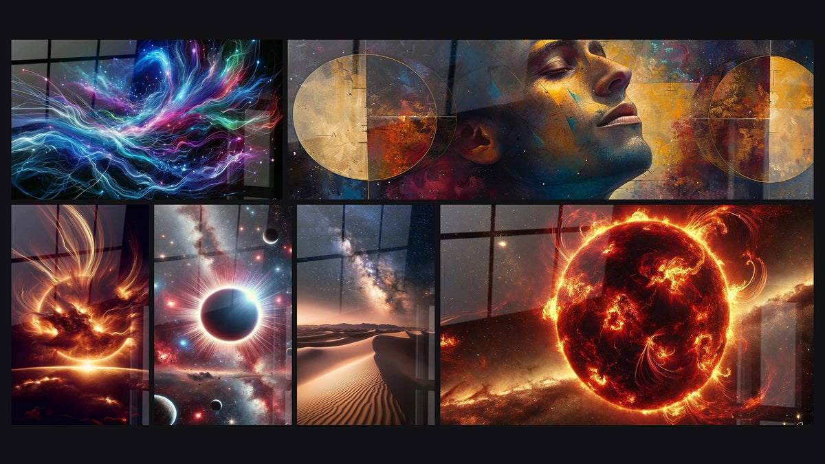 Mosaik aus sechs Gemälden, darunter Abstraktes Bild Kosmische Energiehimmel, Weibliches Gesicht kosmisch und Feuer-Sonne