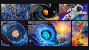 Mosaïque de six tableaux, dont Chien aux Tons Dorés sous Ciel Étoilé, Spirale cosmique bleue et Vortex cosmique