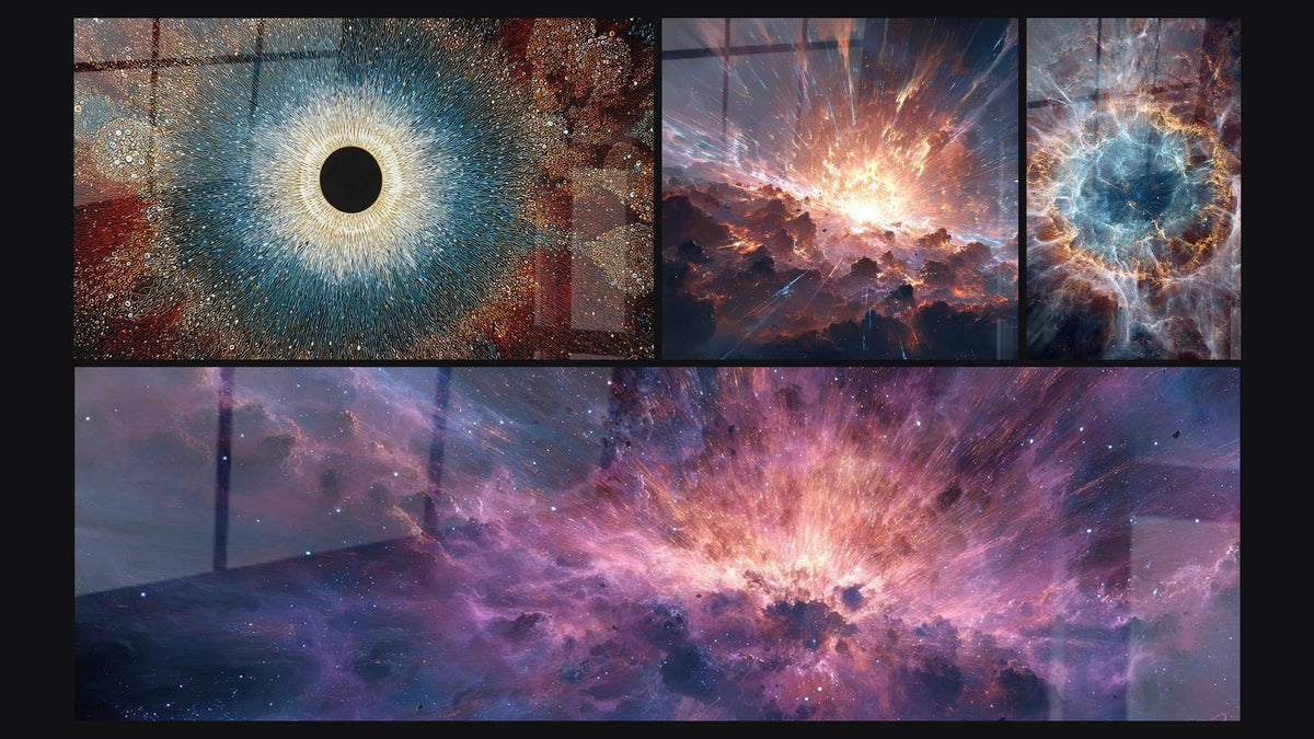 Mosaico de cuatro cuadros, entre ellos Ojo cósmico, Explosión cósmica y Nebulosa espiral