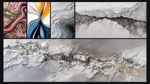 Mosaico de cinco cuadros, entre ellos Llamas Púrpura y Flujo dinámico colorido